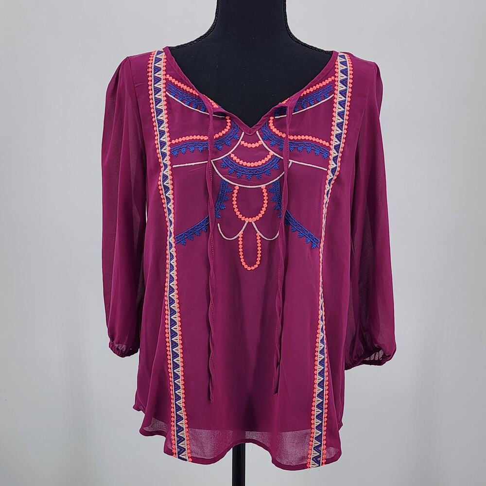 Ya Los Angeles Purple Embroidered Geometric Peasant Top 3/4 Sleeve Women's Sz S